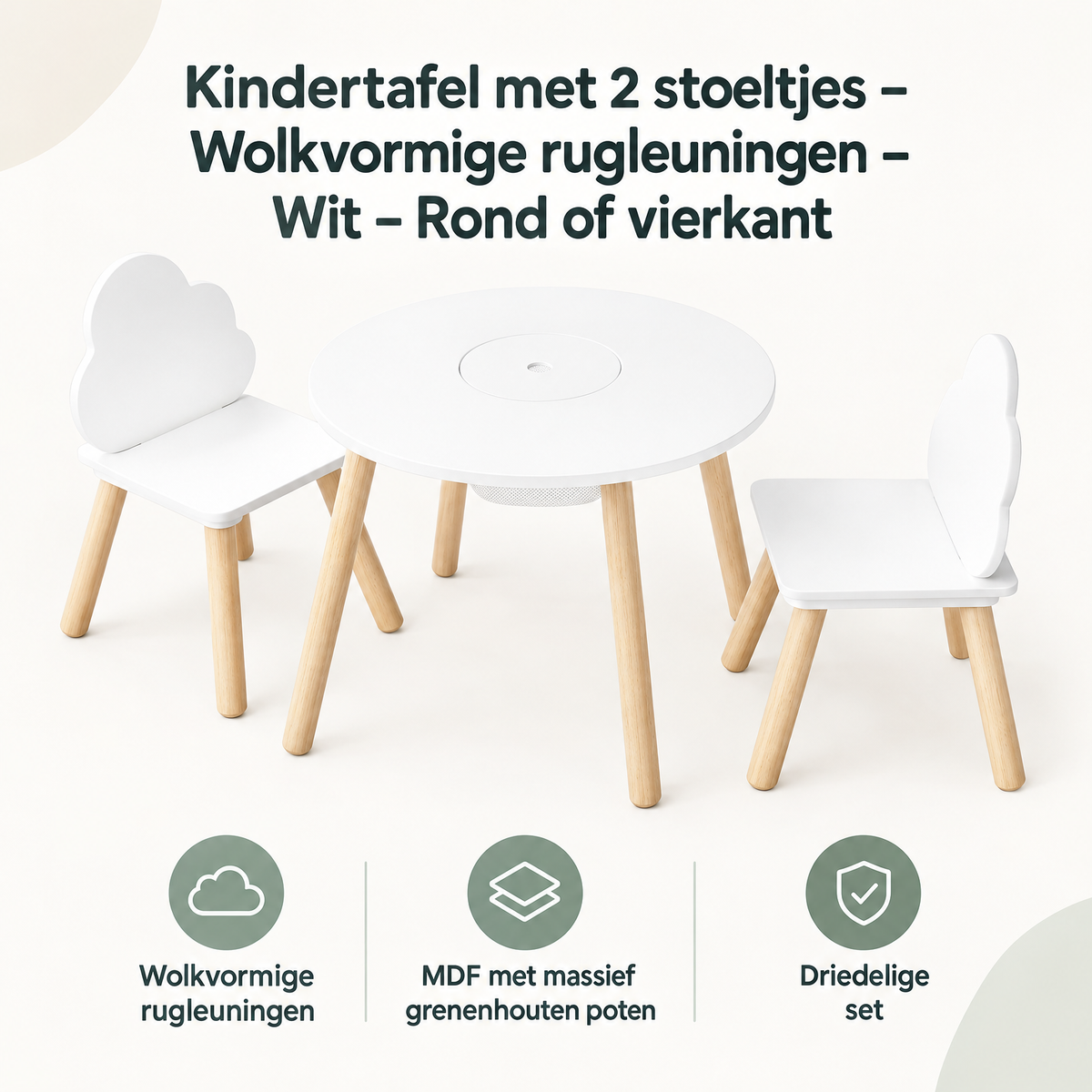 Witte kindertafel met 2 bijpassende stoeltjes, wolkvormige rugleuningen, rond of vierkant ontwerp, voor kinderen.
