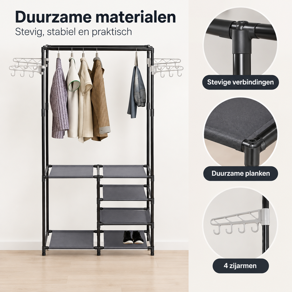 Detail van materiaal en afwerking van kledingrek met planken
