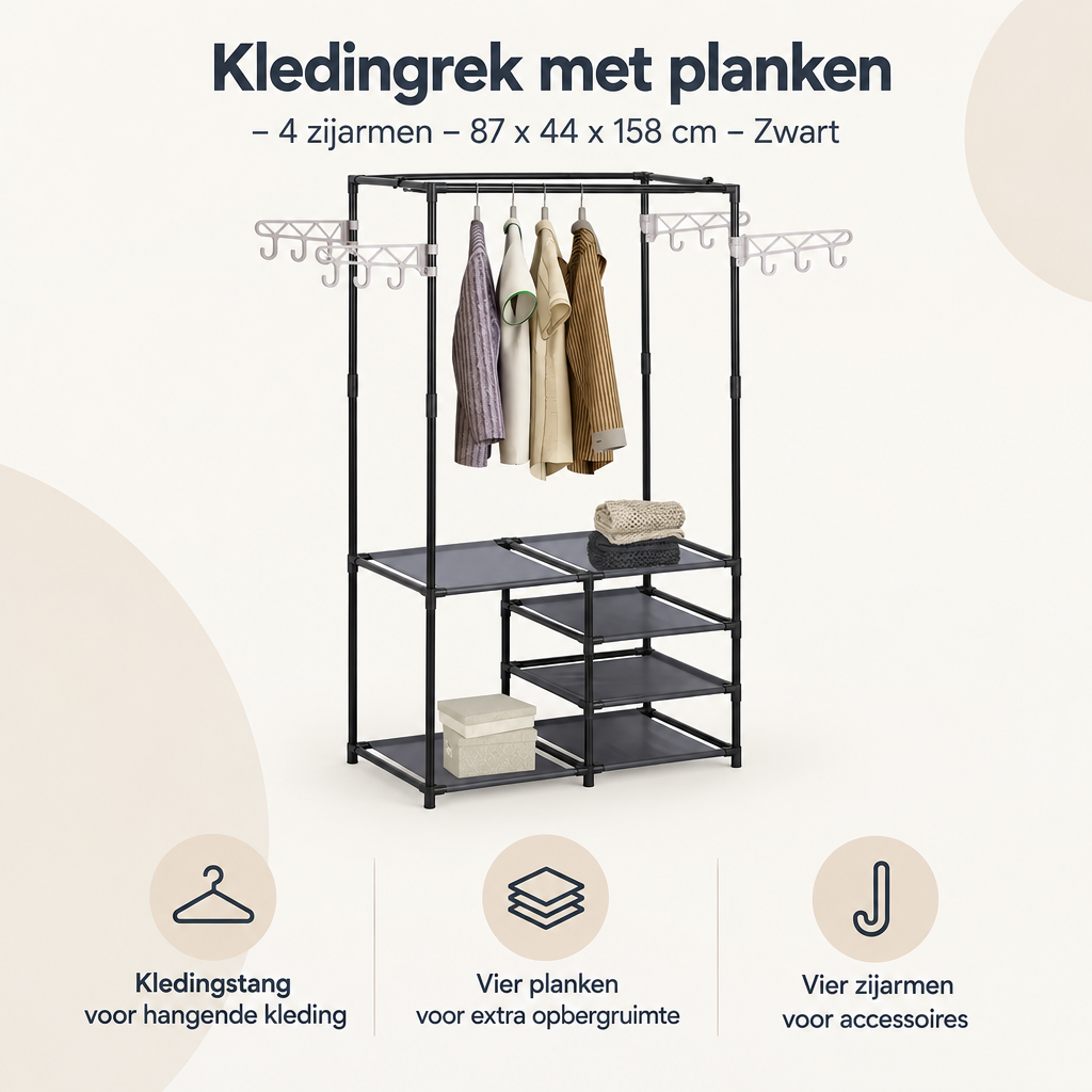 Overzicht van kledingrek met planken met de belangrijkste productvoordelen