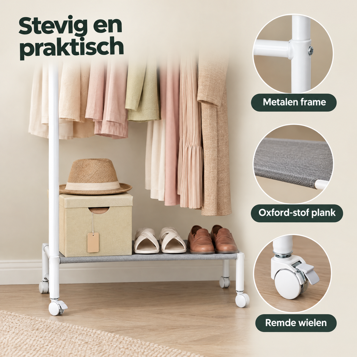 Detail van materiaal en afwerking van kledingrek op wielen