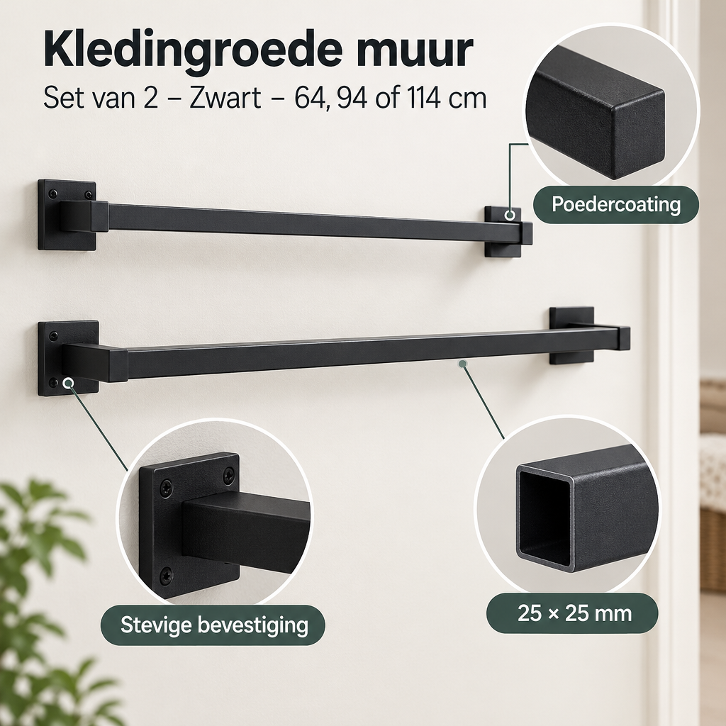 Detail van materiaal en afwerking van kledingroede muur