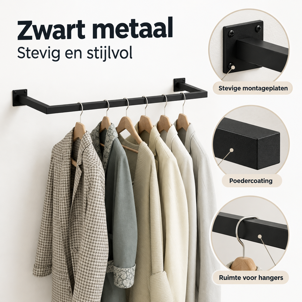 Detail van materiaal en afwerking van kledingstang wand