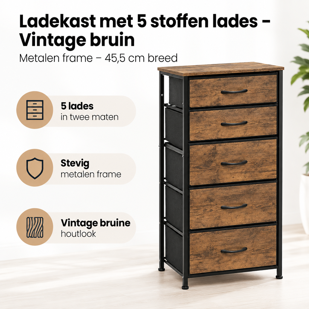 Belangrijkste voordelen en eigenschappen van ladekast met 5 stoffen lades