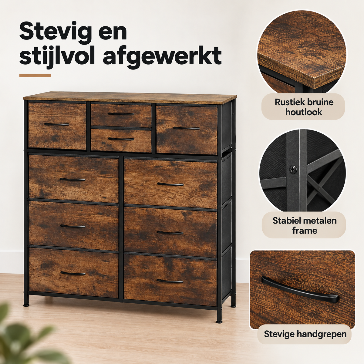 Detail van materiaal en afwerking van ladekast met stoffen lades