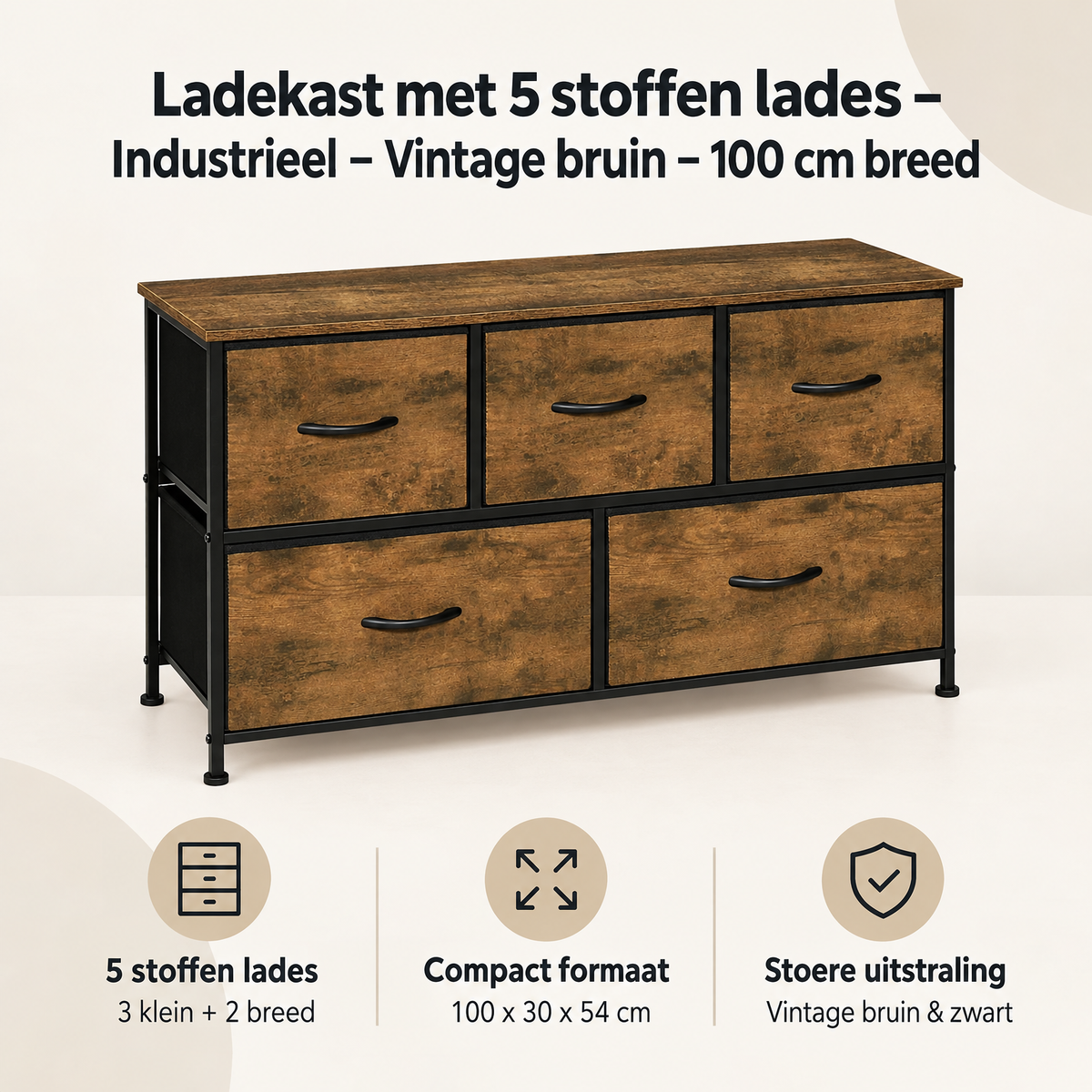 Industriele vintage bruin ladekast met 5 stoffen lades, 100 cm breed, van BukkitBow, overzicht van kernvoordelen
