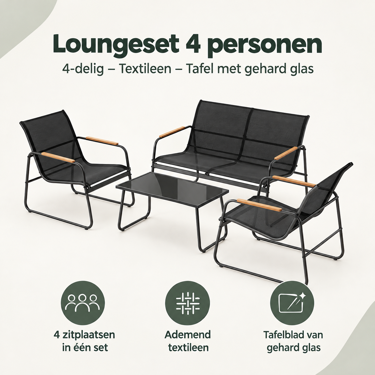 Overzicht van loungeset 4 personen met de belangrijkste productvoordelen