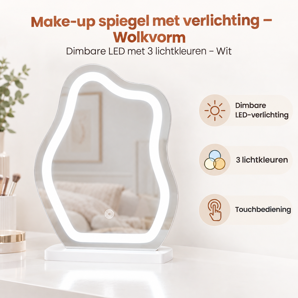 Witte make-up spiegel met dimbare LED-verlichting en 3 lichtkleuren, ontworpen door BukkitBow, met wolkvormige spiegelrand.