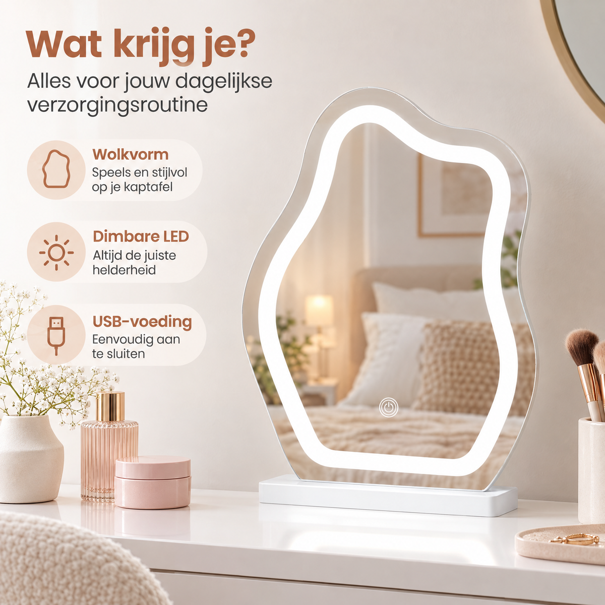 Witte make-up spiegel met dimbare LED-verlichting, drie lichtkleuren en handige verlichting, van BukkitBow.