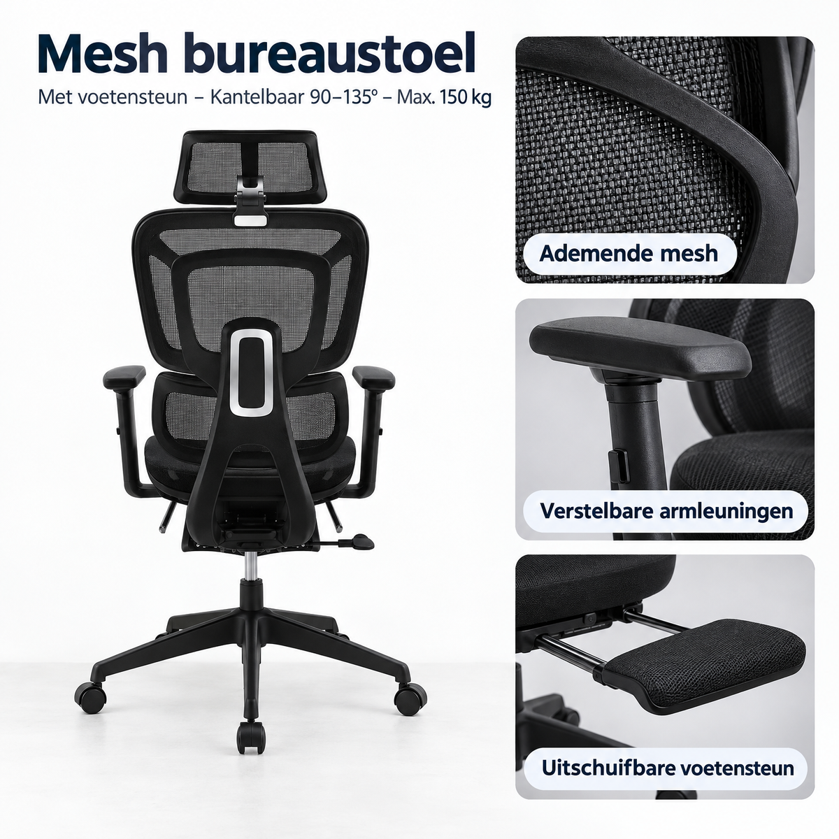 Detail van materiaal en afwerking van mesh bureaustoel