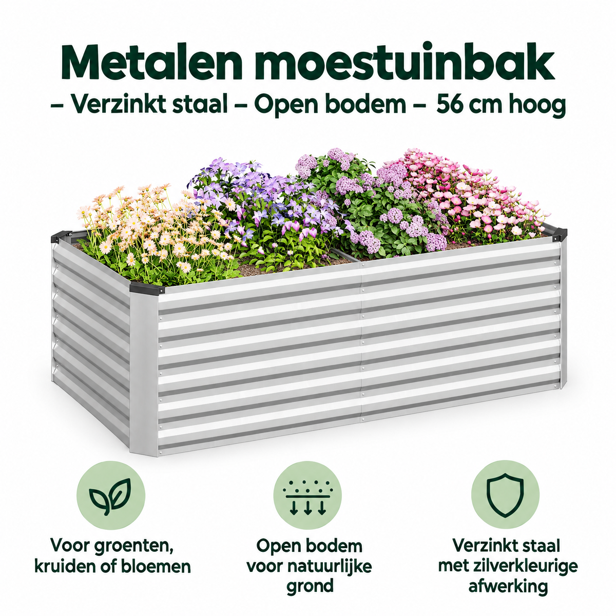 Metalen moestuinbak van BukkitBow in verzinkt staal, open bodem, 56 cm hoog, geschikt voor tuinieren en planten kweken.