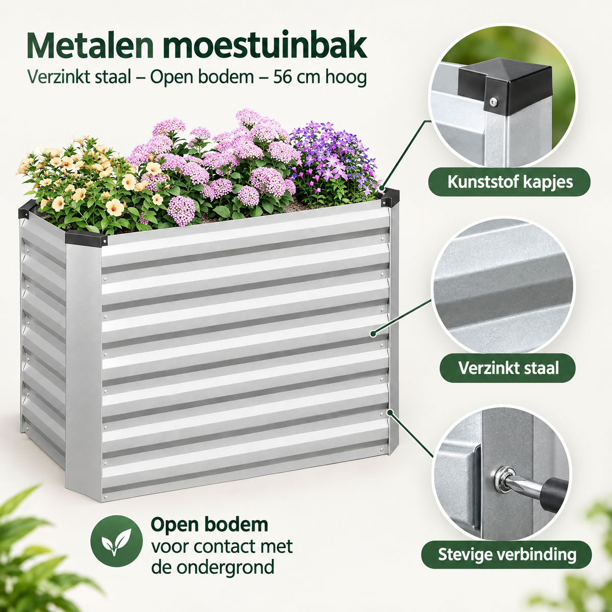 Metaal moestuinbak van verzinkt staal met open bodem, 56 cm hoog, door BukkitBow, geschikt voor tuinieren en plantenkweek.