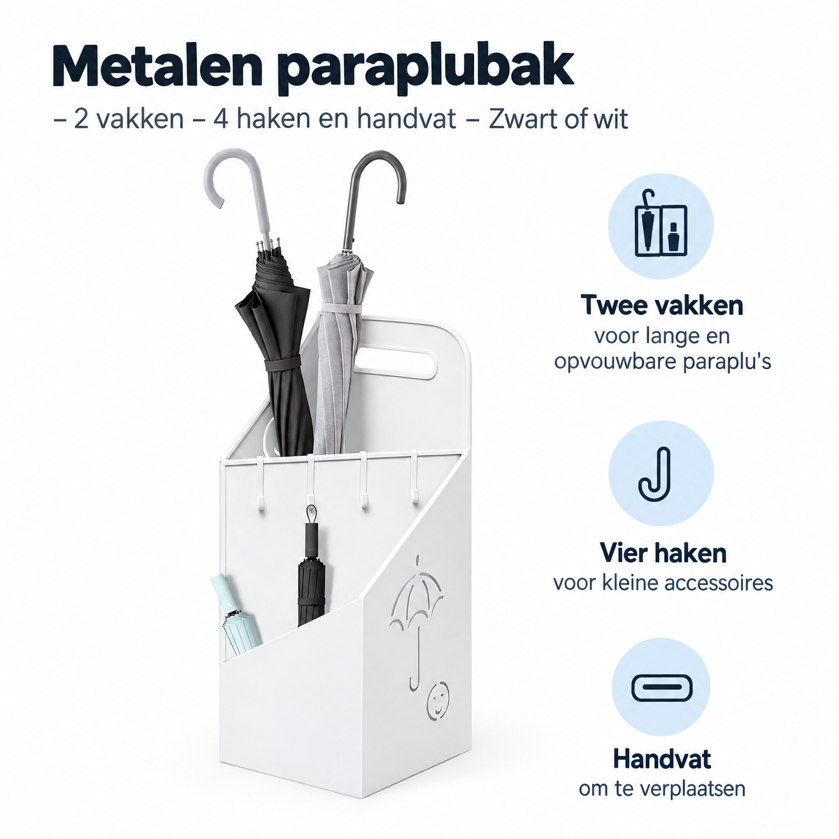Witte metalen paraplubak met paraplu's en pictogrammen voor de vakken, haken en het handvat.