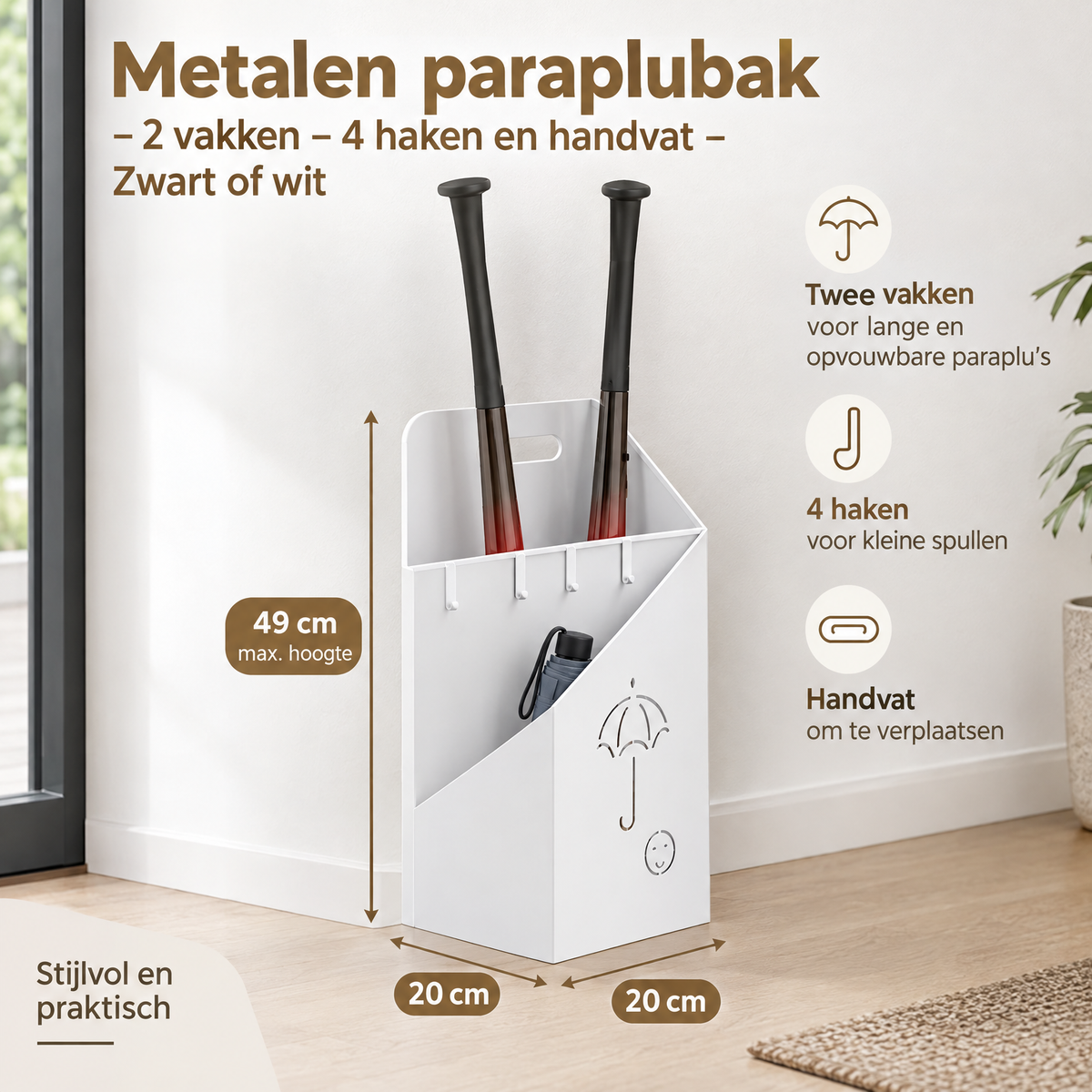 Witte paraplubak met maatlijnen: een basis van 20 bij 20 cm en een maximale hoogte van 49 cm.
