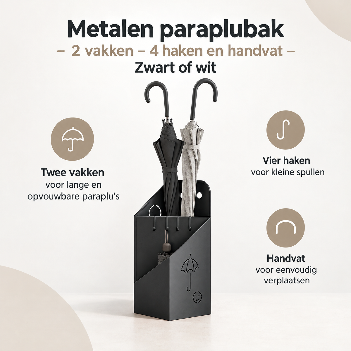 Zwarte paraplubak met uitleg over de twee vakken, vier haken en het geïntegreerde handvat.
