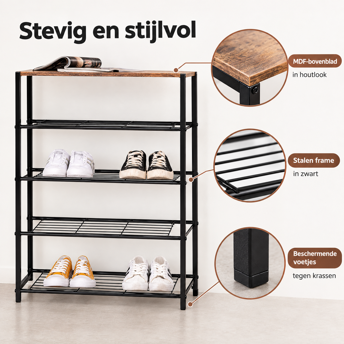 Detail van materiaal en afwerking van metalen schoenenrek