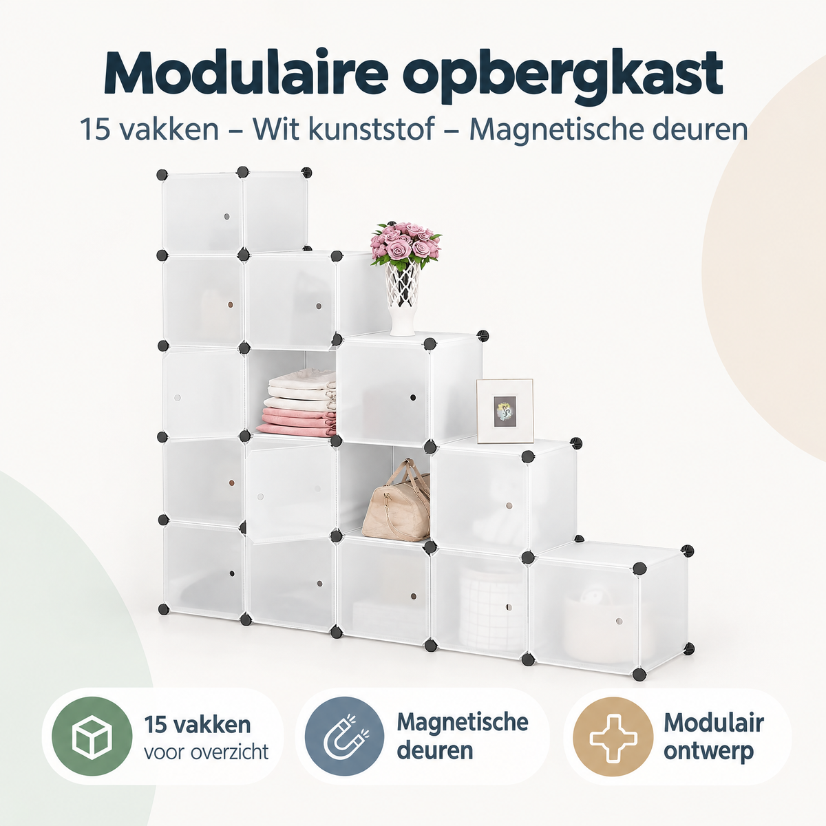 Modulaire opbergkast van BukkitBow met 15 vakken, witte kunststof afwerking en magnetische deuren, overzicht van kernvoordelen