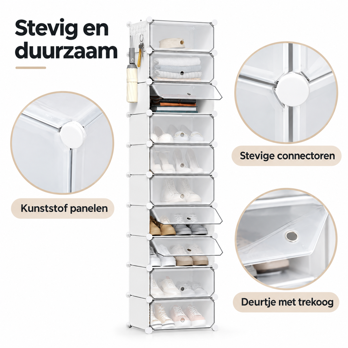 Detail van materiaal en afwerking van modulaire schoenenkast