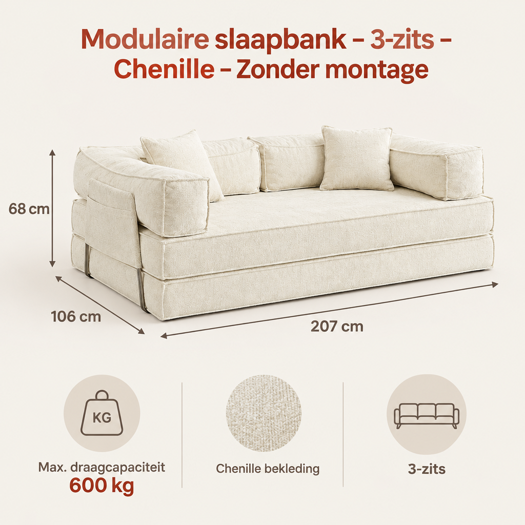 Afmetingen en productspecificaties van modulaire slaapbank