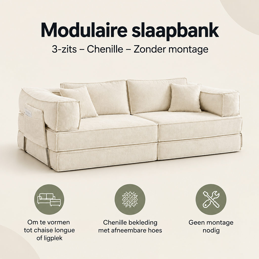 Overzicht van modulaire slaapbank met de belangrijkste productvoordelen