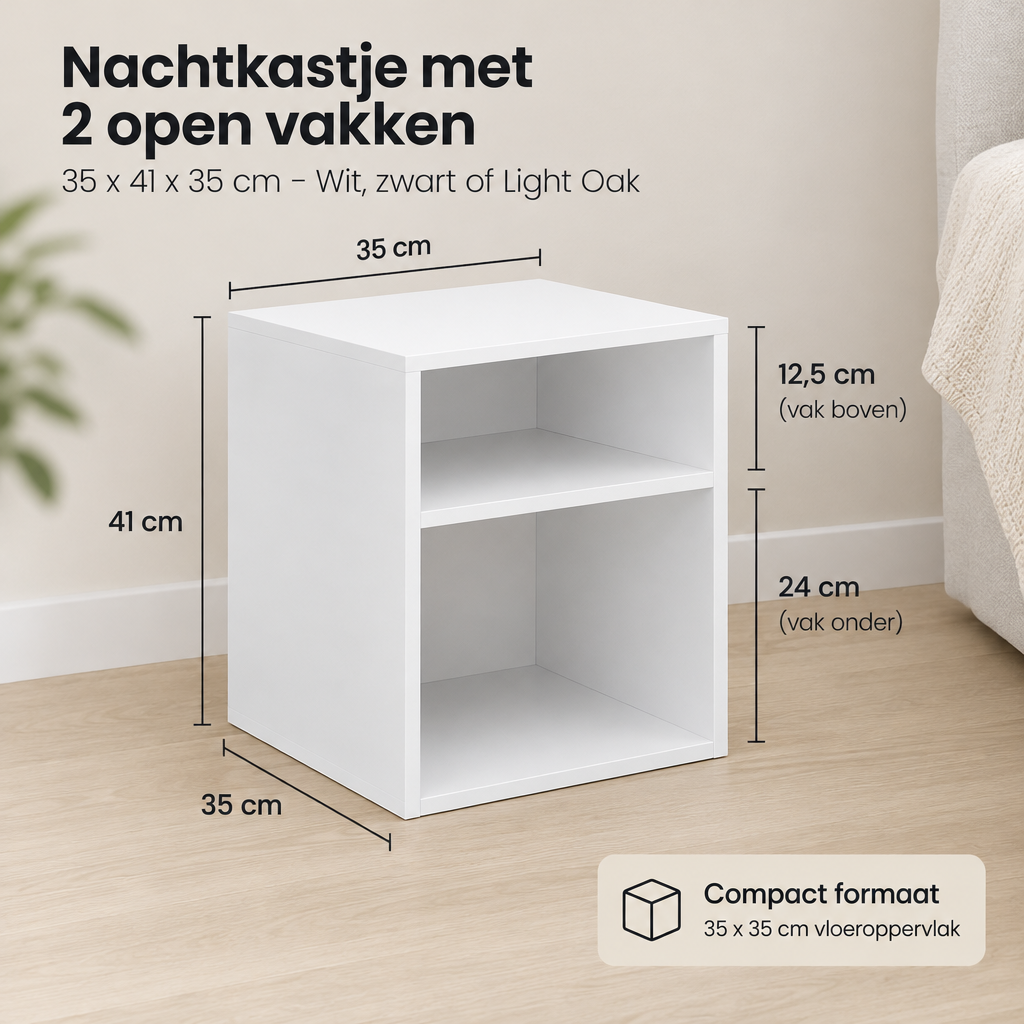 Afmetingen en productspecificaties van nachtkastje met 2 open vakken