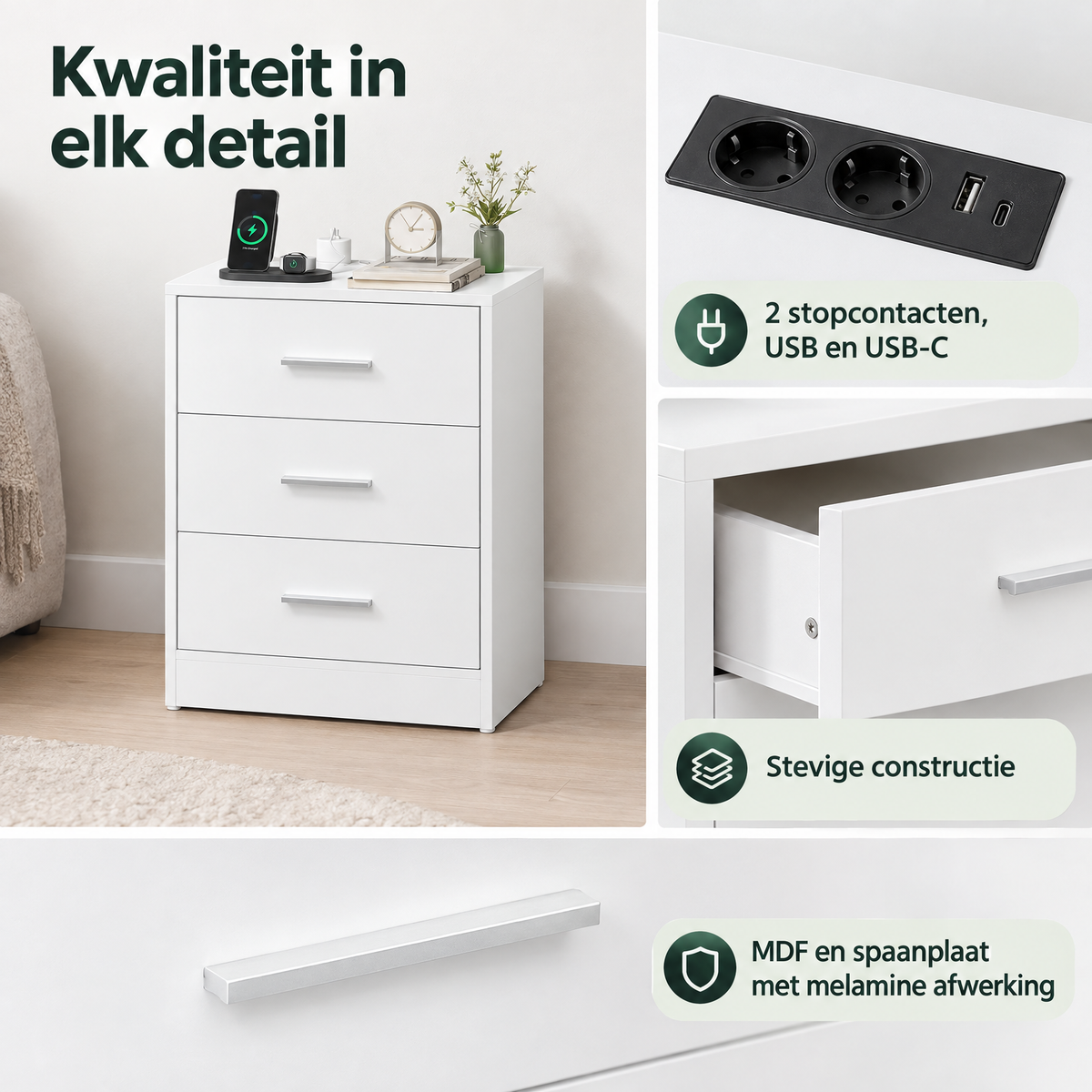 Nachtkastje van BukkitBow met 3 lades, USB- en USB-C-laadstation, afmetingen 39x28x54 cm, zwart houtmateriaal.