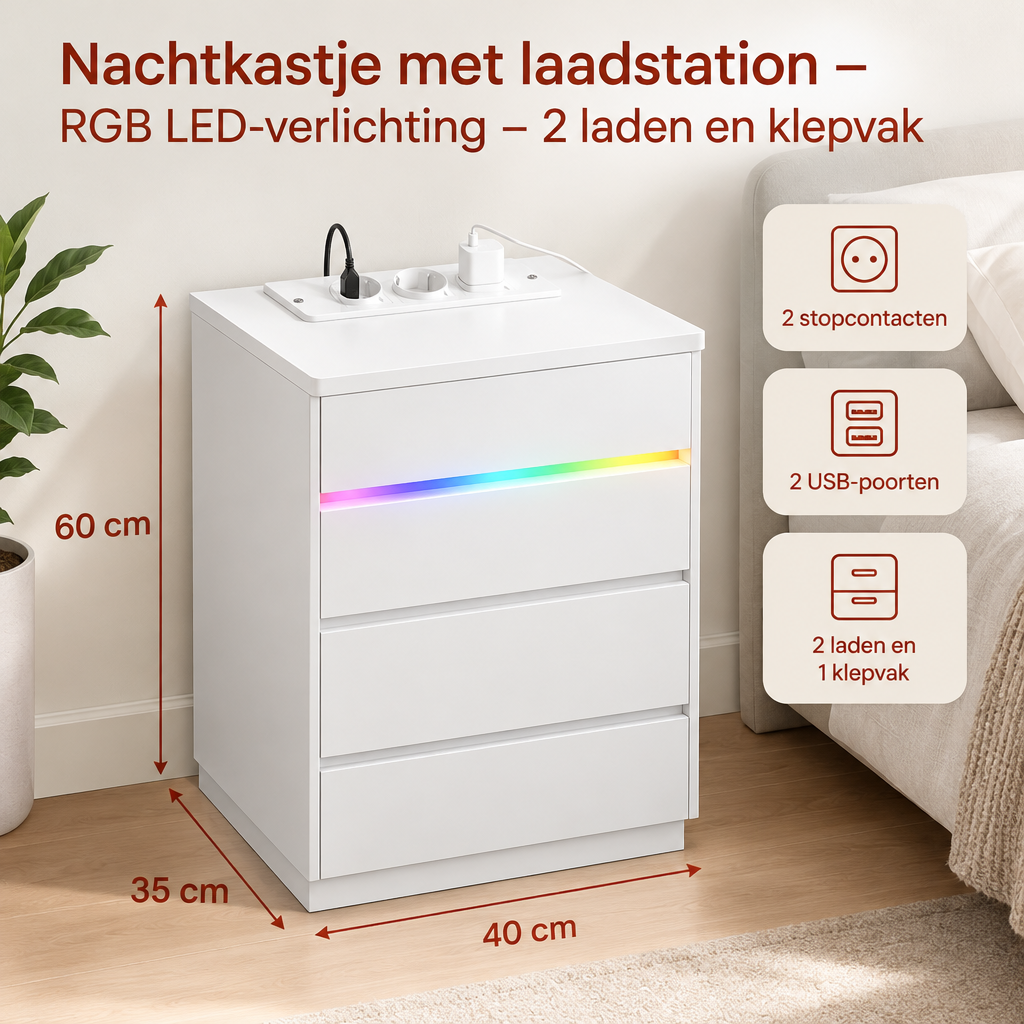 Nachtkastje van BukkitBow met laadstation, RGB LED-verlichting, twee laders en klepvak voor stijlvolle opbergruimte.