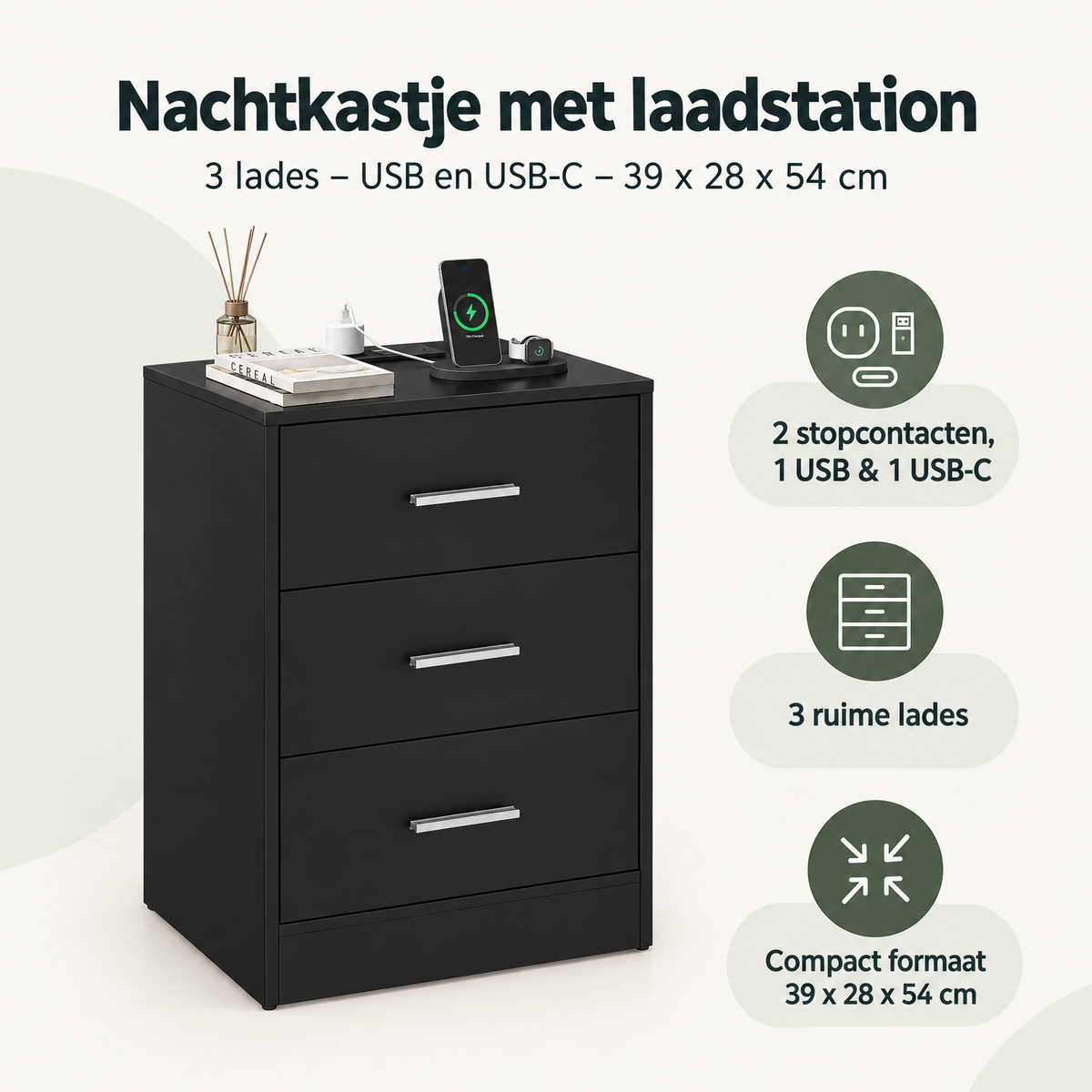 BukkitBow nachtkastje met 3 laden, USB en USB-C laadstations, overzicht van kernvoordelen, afmetingen 39x28x54 cm