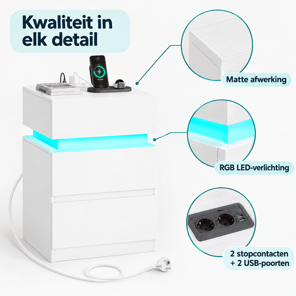 Wit BukkitBow nachtkastje met LED-verlichting, USB-poorten, 2 stopcontacten en klepvak, close-up van het materiaal en detail.