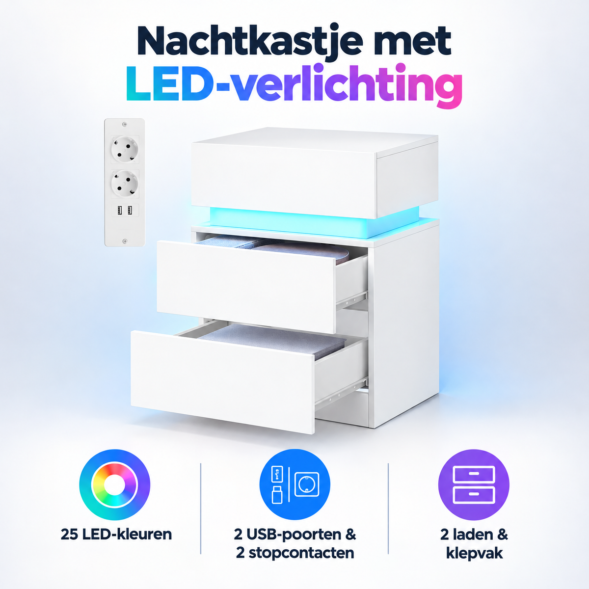 Wit nachtkastje van BukkitBow met LED-verlichting, USB-poort, 2 stopcontacten, 2 laden en klepvak voor op slaapkamer