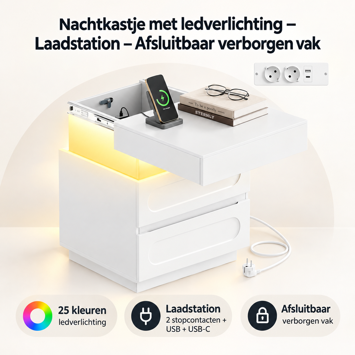 Nachtkastje van BukkitBow met LED-verlichting, laadstation en afsluitbaar vak, ideaal voor in de slaapkamer.