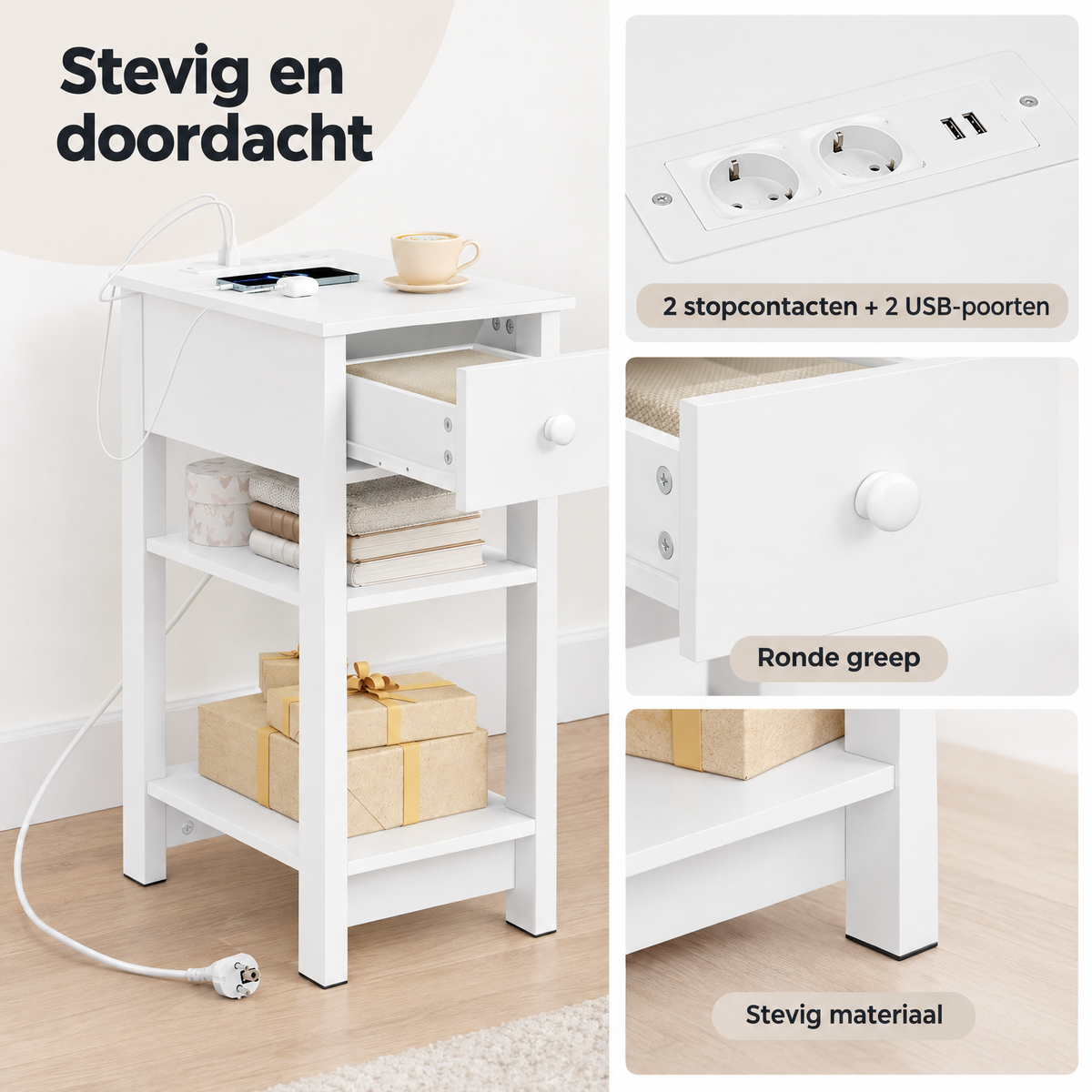 Detail van materiaal en afwerking van nachtkastje met stopcontact
