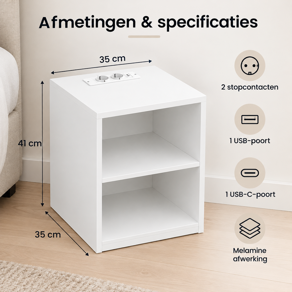 Afmetingen en productspecificaties van nachtkastje met stopcontact