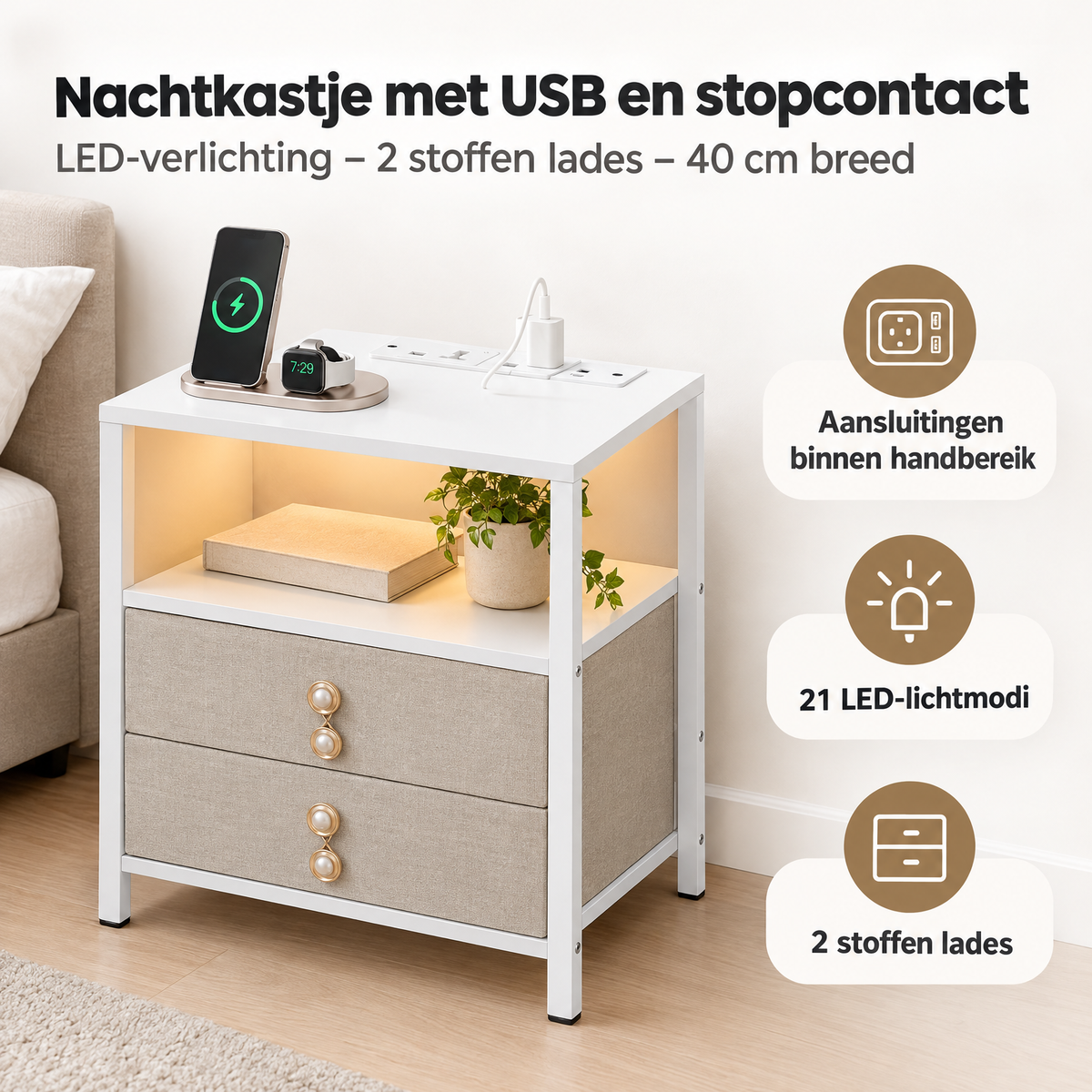 Nachtkastje BukkitBow met USB-poort, stopcontact, LED-verlichting en twee stoffen laden, 40 cm breed, modern design.