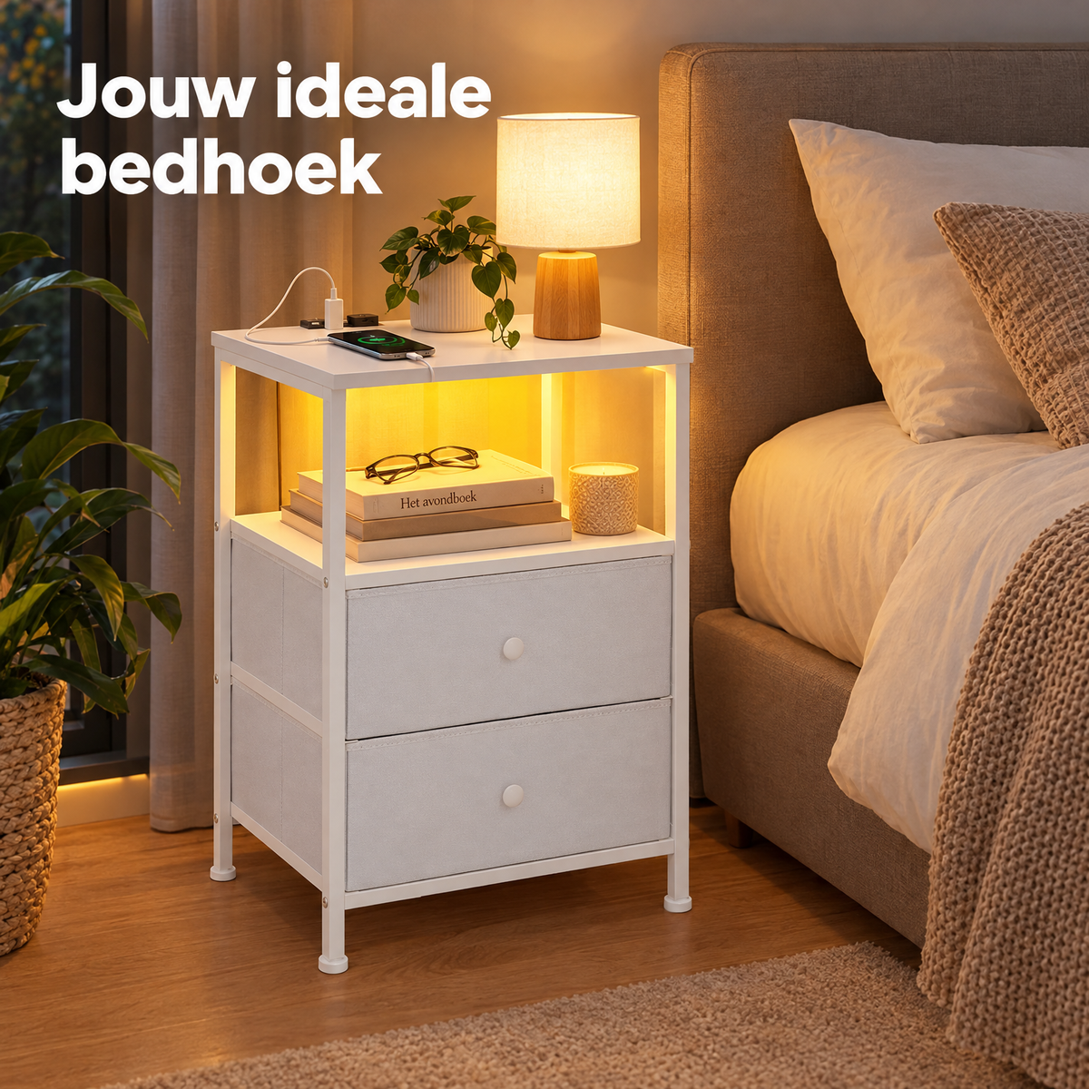 Nachtkastje met USB-poort en stopcontact, LED-verlichting en twee stoffen laden, 40 cm breed, van BukkitBow.