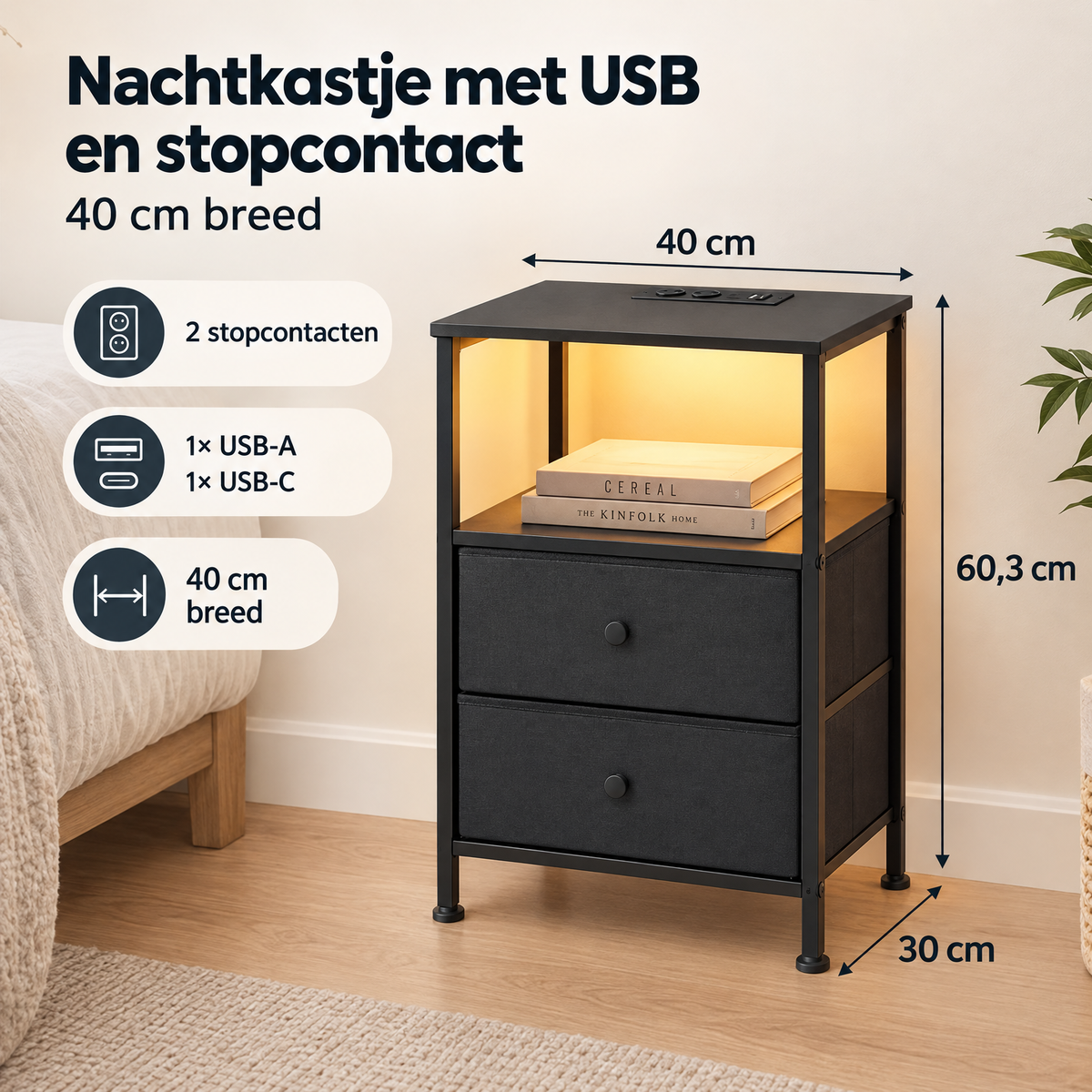Nachtkastje met USB-poort, stopcontact, LED-verlichting, twee stoffen laden en 40 cm breed, van BukkitBow.