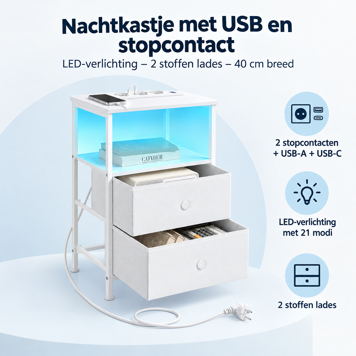 Nachtkastje met USB-poort en stopcontact, LED-verlichting en twee stoffen laden, 40 cm breed, van BukkitBow.
