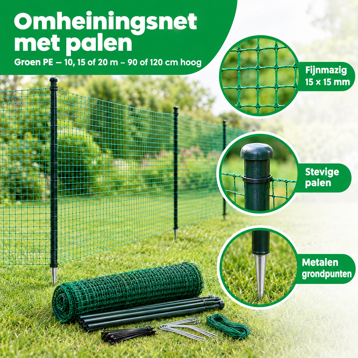 Groen BukkitBow omheiningsnet met palen, 10, 15 of 20 m lang en 90 of 120 cm hoog, gemaakt van PE, detail van materiaal.