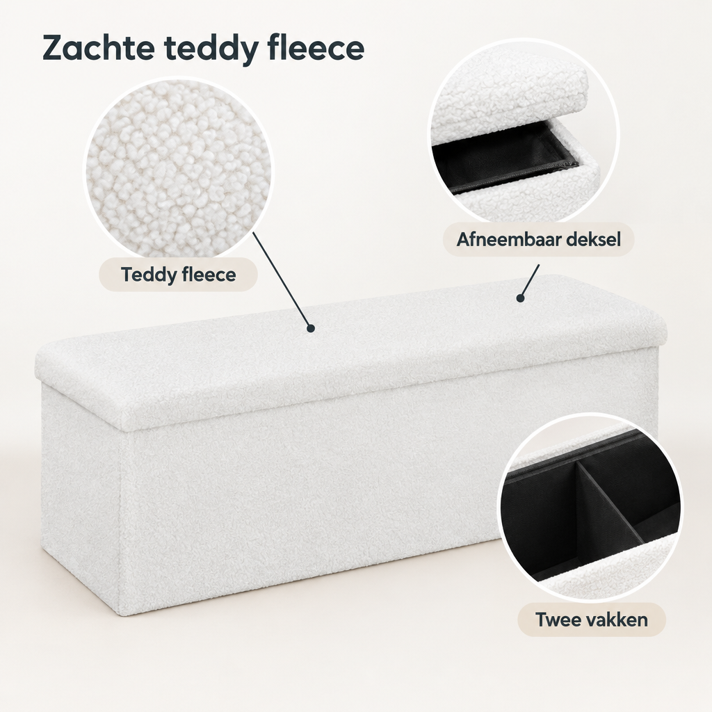 Detail van materiaal en afwerking van opbergbank teddy