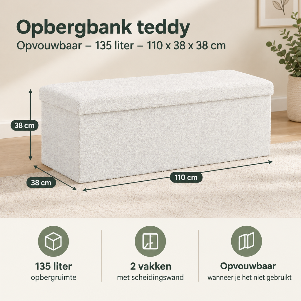 Afmetingen en productspecificaties van opbergbank teddy