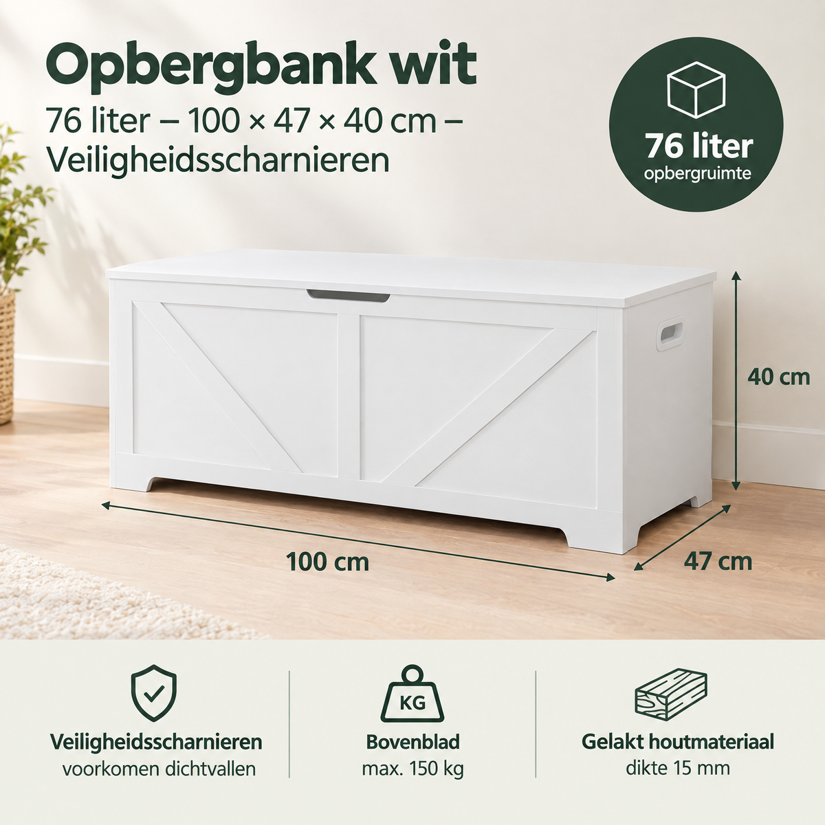 Witte BukkitBow opbergbank met veiligheidsscharnieren, 76 liter opbergruimte, afmetingen 100x47x40 cm, geschikt voor opslag.