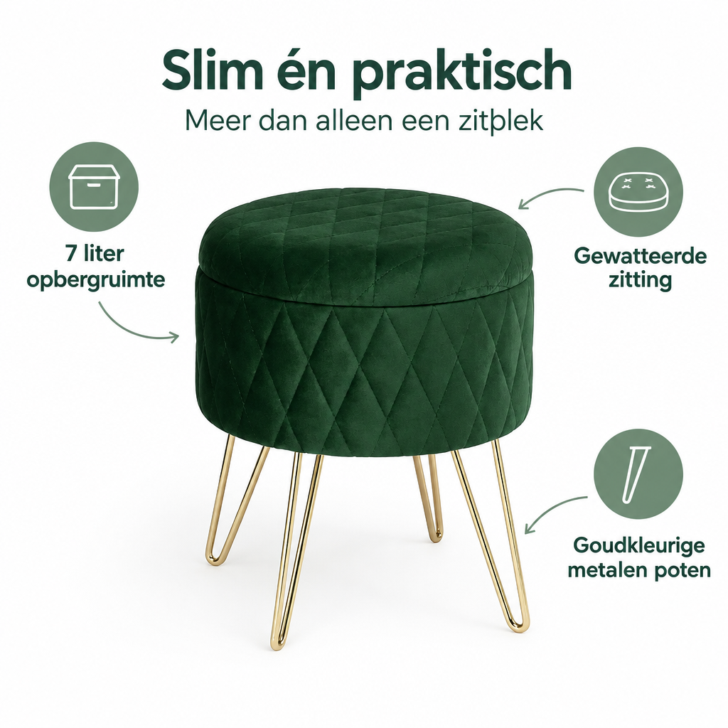 Ronde fluwelen opbergpoef van BukkitBow met goudkleurige poten, afmetingen 31,5 x 31,5 x 36 cm, geschikt voor opslag en decoratie.
