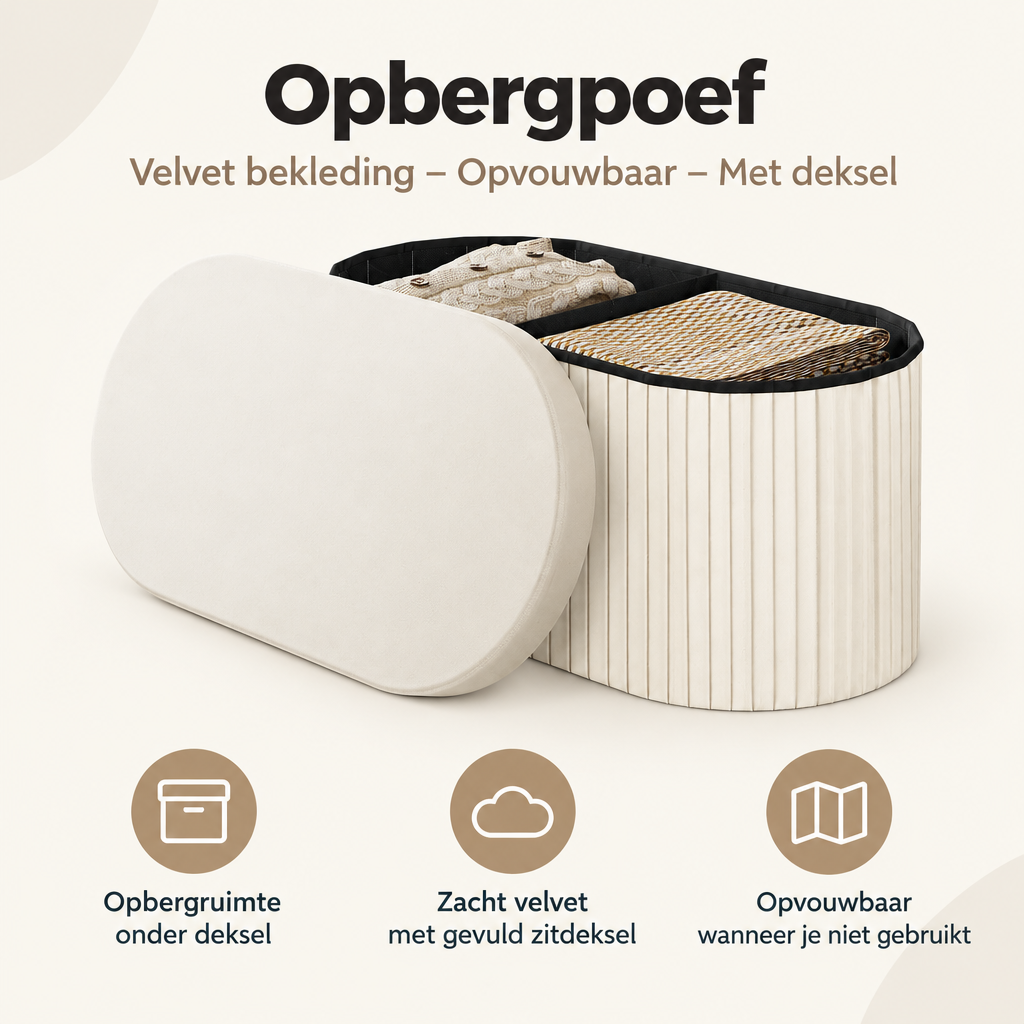 Overzicht van opbergpoef met de belangrijkste productvoordelen
