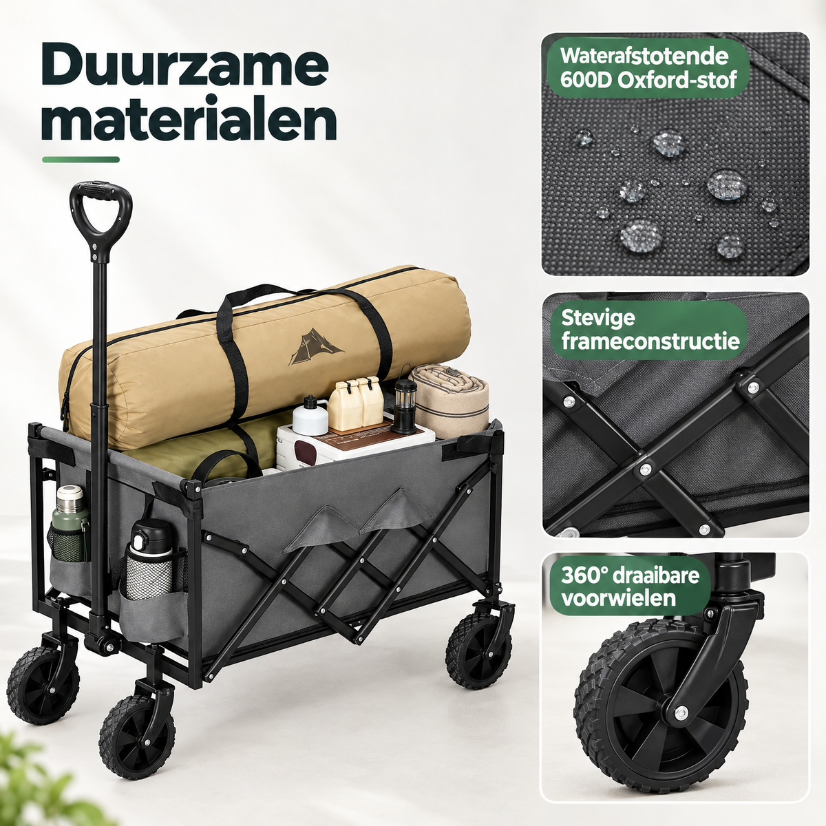 Opvouwbare BukkitBow bolderkar met neerklapbare achterklep, 80-110 liter capaciteit, lichtgewicht van 5,25 kg, gedetailleerde materiaalweergave