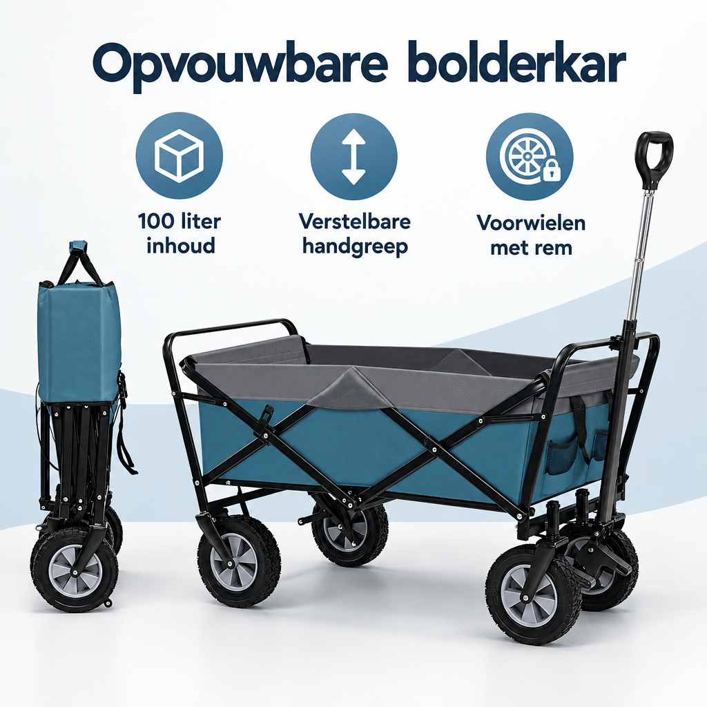 Overzicht van opvouwbare bolderkar met de belangrijkste productvoordelen