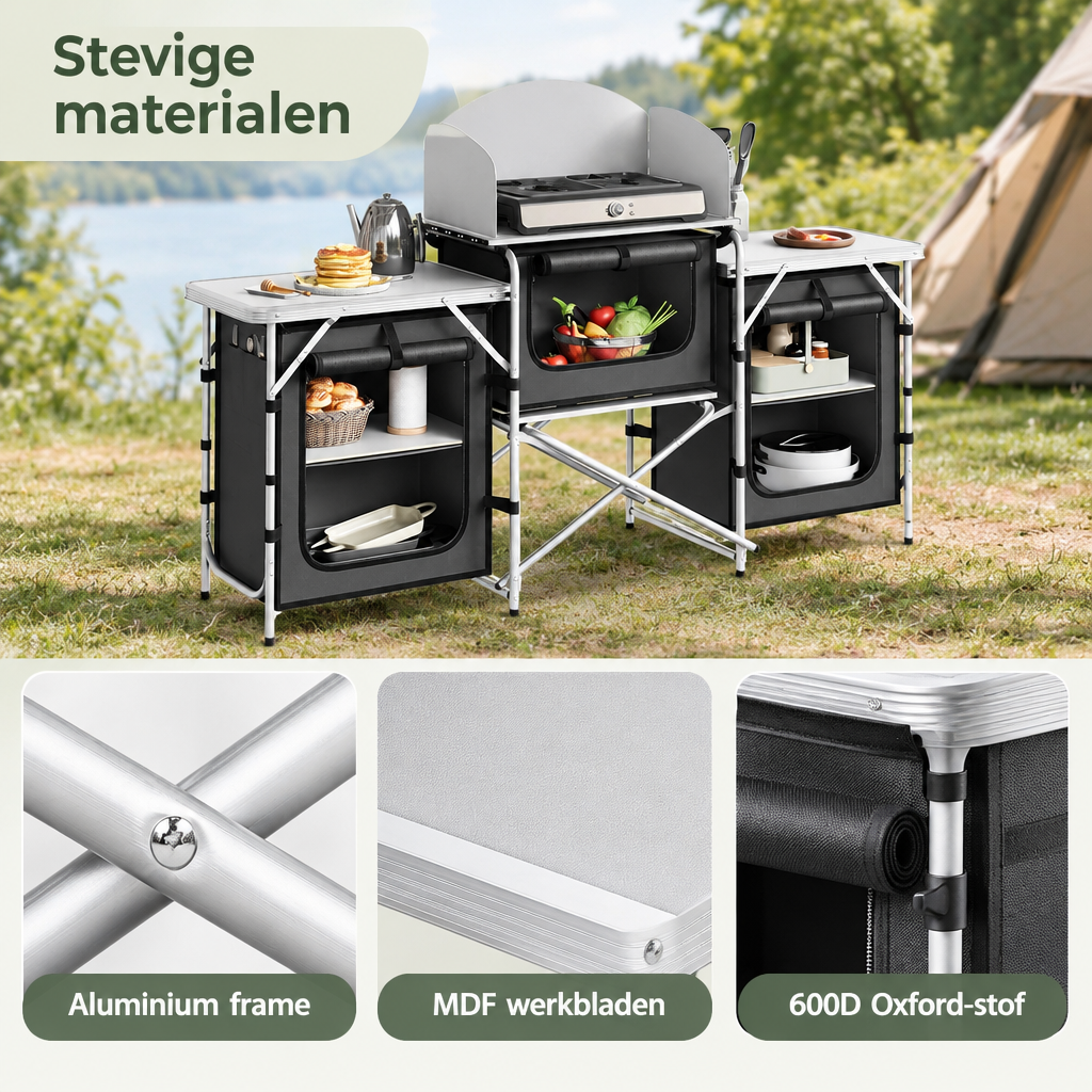 Detail van materiaal en afwerking van opvouwbare campingkeuken