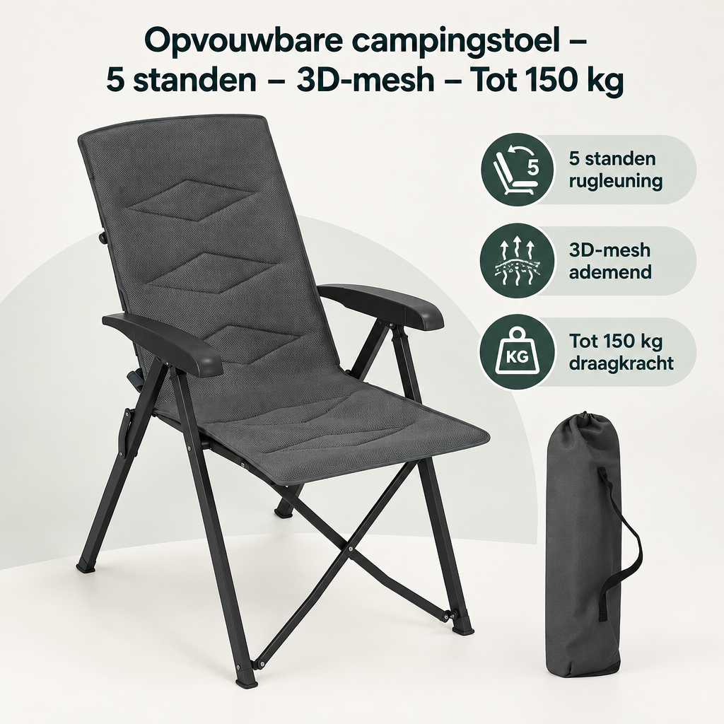 Overzicht van opvouwbare campingstoel met de belangrijkste productvoordelen
