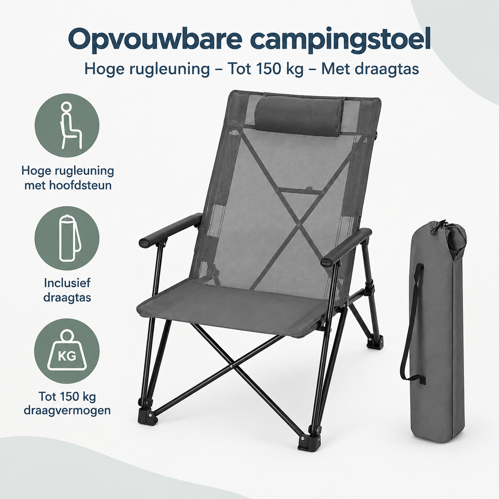 Overzicht van opvouwbare campingstoel met de belangrijkste productvoordelen