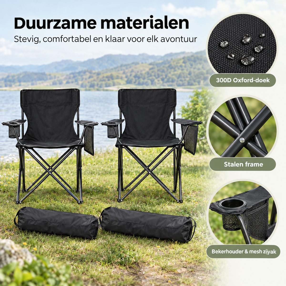 Set van 2 opvouwbare BukkitBow campingstoelen met bekerhouders en draagtas, lichtgewicht en gemakkelijk te vervoeren.