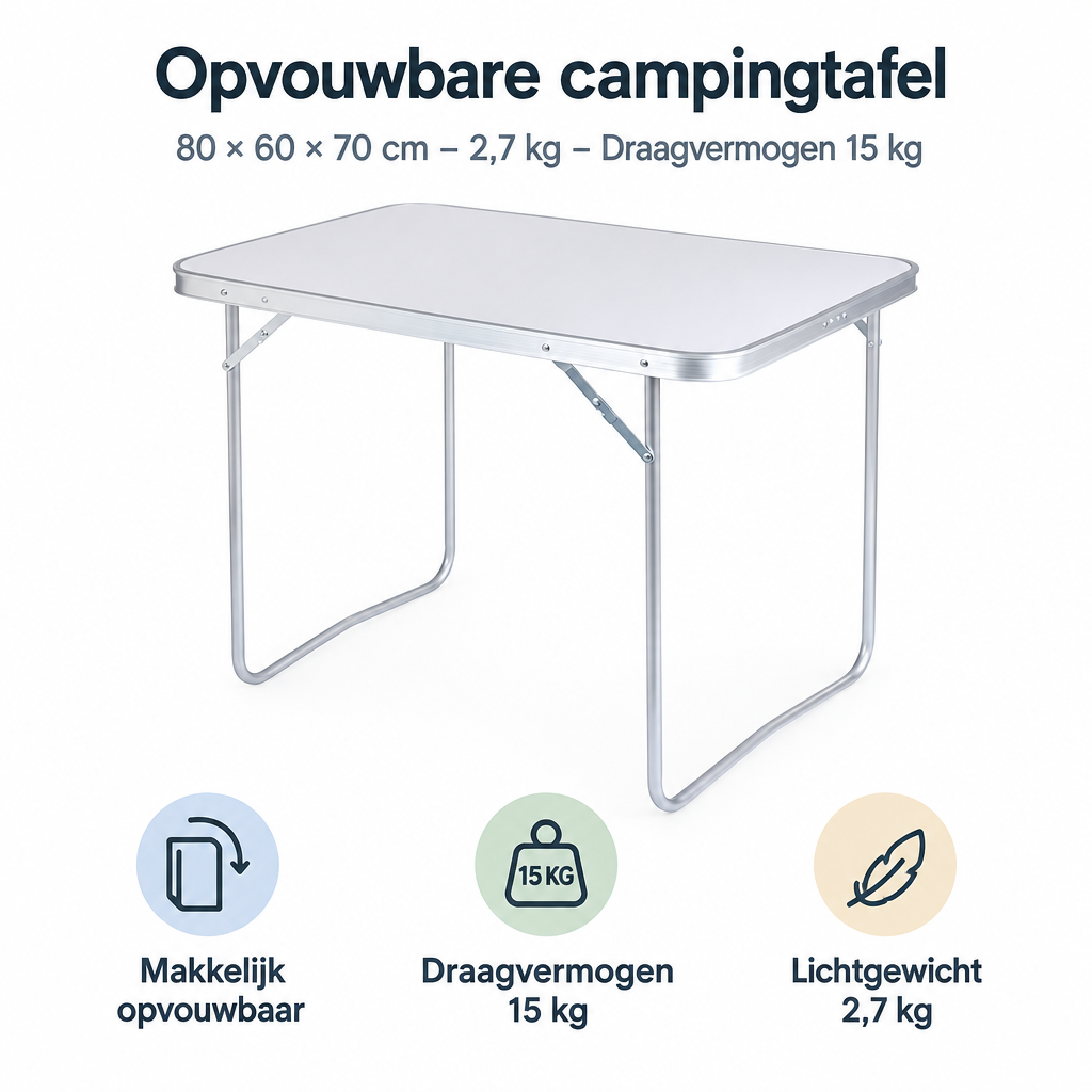 Opvouwbare campingtafel van BukkitBow, 80x60x70 cm, lichtgewicht van 2,7 kg en draagvermogen tot 15 kg, ideaal voor kamperen