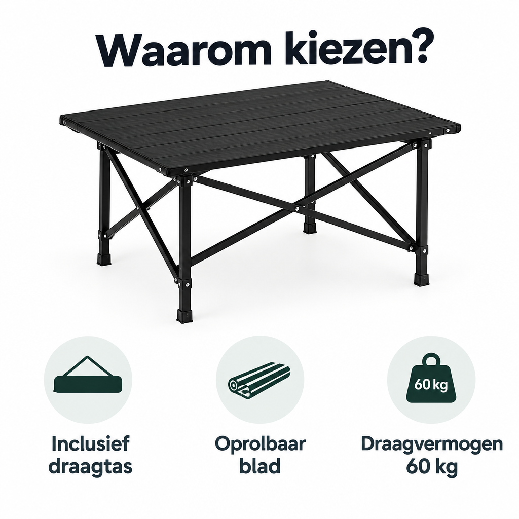 BukkitBow opvouwbare campingtafel met oprolbaar blad en draagtas, afmetingen 104x69x70 cm, ideaal voor kamperen en outdoor gebruik.